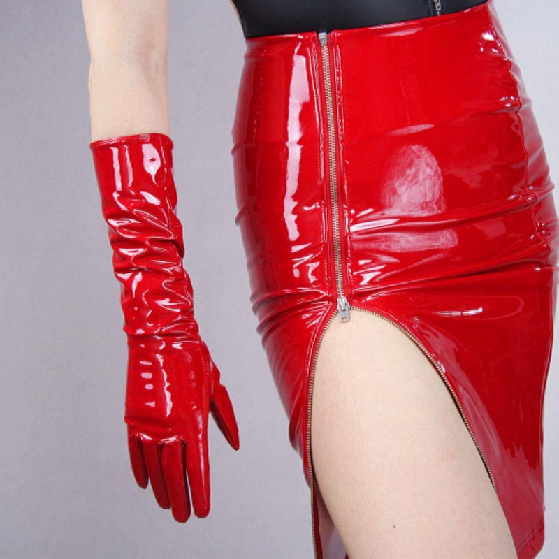 DooWay Sexy Women Shine Red Gloves Faux Patent Leather Wet Look Cosplay Costume Wedding Party Lady Gloves (Red 40cm) - Image 3